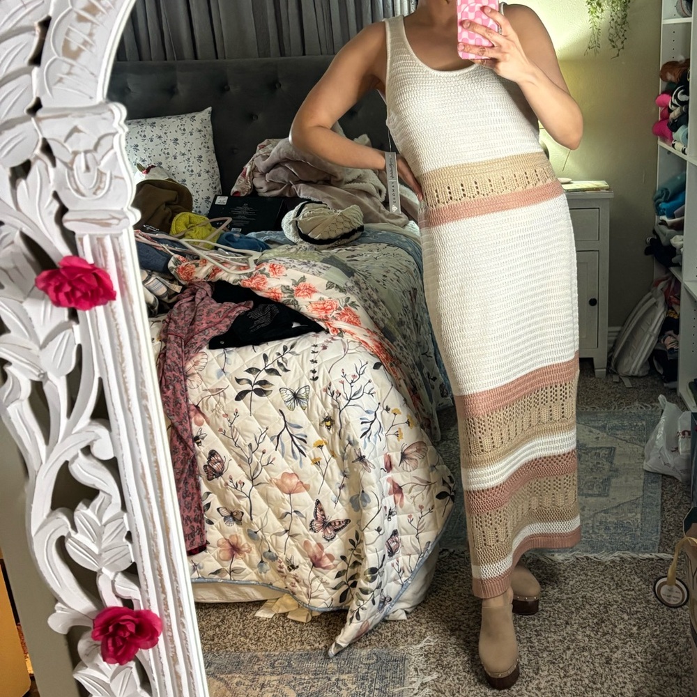 Ivory/beige Striped Crochet-Knit Sleeveless Scoop neckline Women’s Maxi Dress